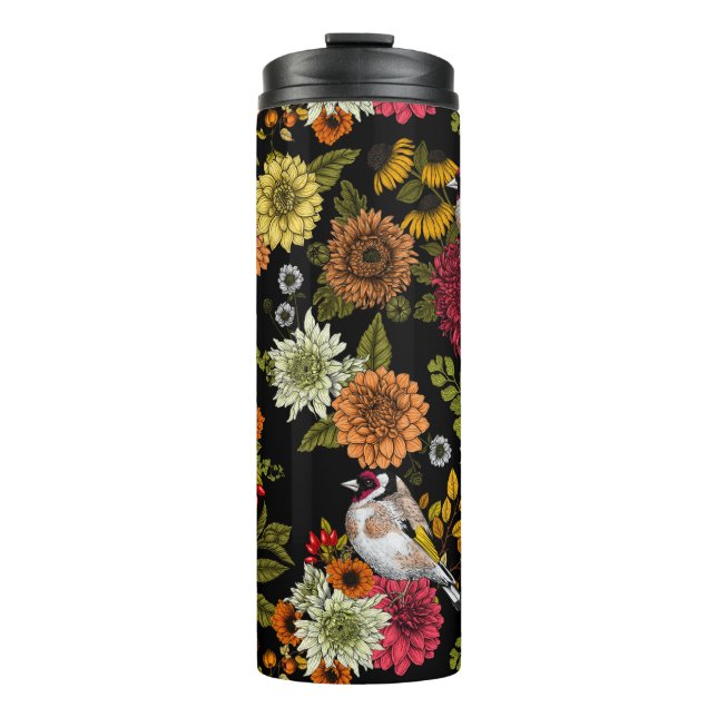 Goldfinches in the garden on black thermal tumbler (Front)