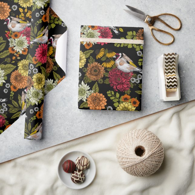 Goldfinches in the garden on black wrapping paper (Crafts)
