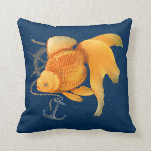 Goldfish Anchor Ship Wheel Nautical Throw Pillow