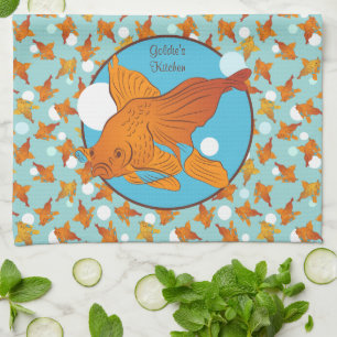 Goldfish and Bubbles Graphic Pattern Personalised Tea Towel