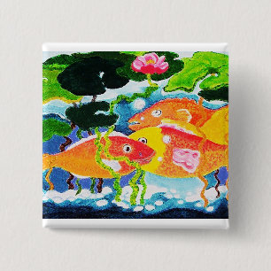 Goldfish and waterlily 15 cm square badge