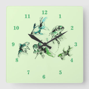 Goldfish - Green Square Wall Clock