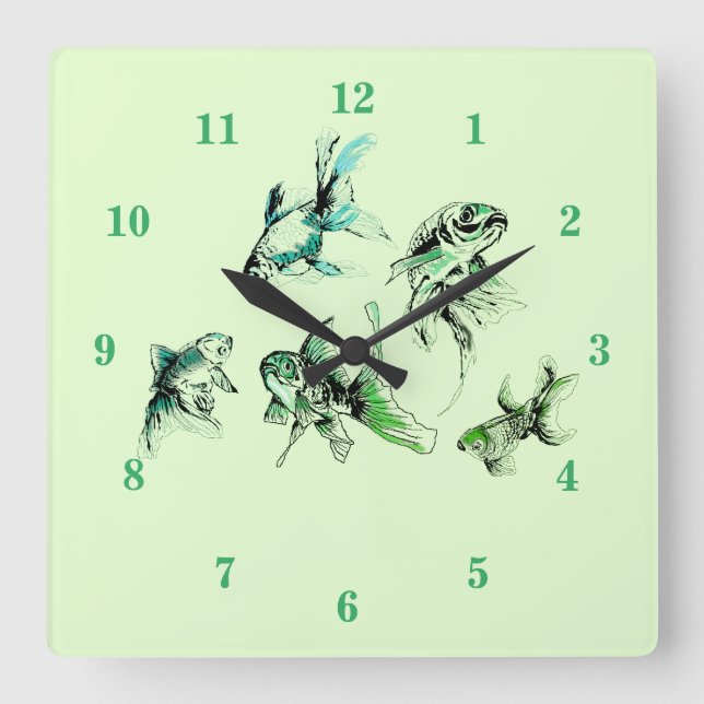 Goldfish - Green Square Wall Clock (Front)
