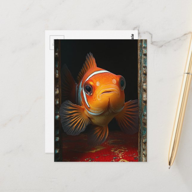 Goldfish in a Blue Box on a Red Pillow Postcard (Front/Back In Situ)