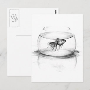 Goldfish in bowl and water Pencil drawing art Postcard