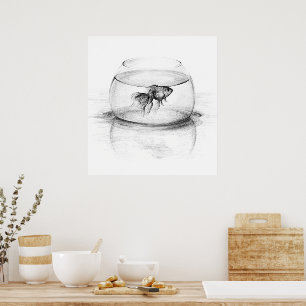 Goldfish in bowl and water Pencil drawing art Poster