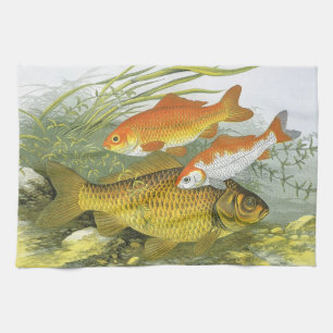 Goldfish Koi Fish, Vintage Marine Aquatic Sea Life Tea Towel