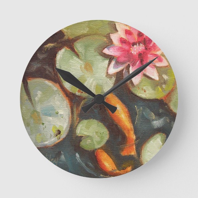 Goldfish Koi Pond Water Lilies Round Clock (Front)