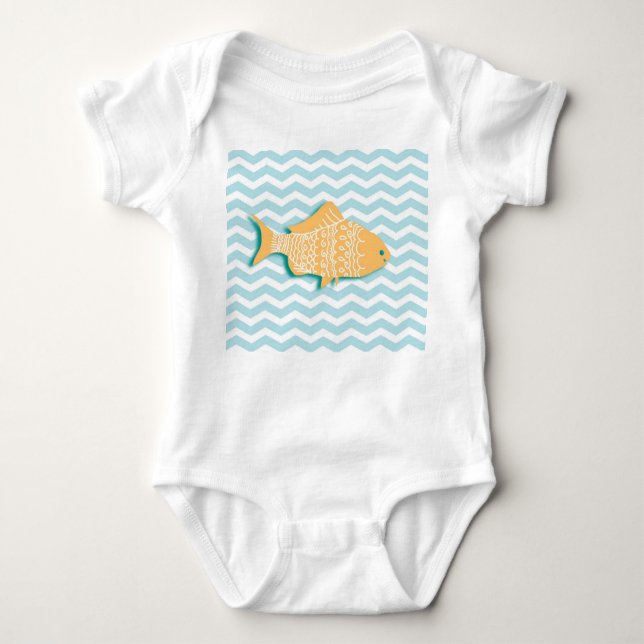 Goldfish on aqua blue chevron baby bodysuit (Front)