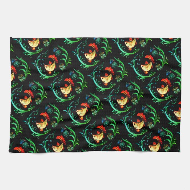 Goldfish on black background tea towel (Horizontal)