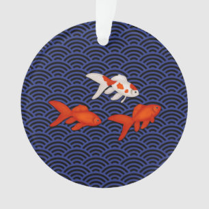 Goldfish on Seigaiha Wave Pattern Japanese Lucky Ornament