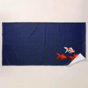 Goldfish on Seigaiha Waves Pattern Japanese Beach Towel