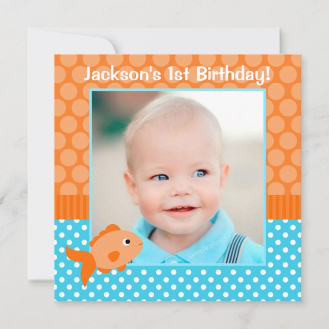 Goldfish Polka Dot 1st Birthday Photo Invitation (Front)