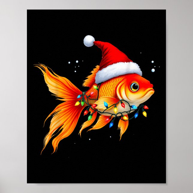 Goldfish Santa Hat Lights Christmas Cute Xmas Paja Poster (Front)