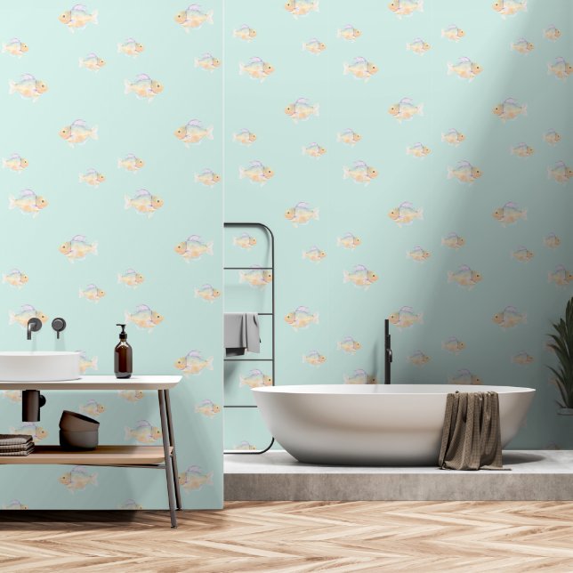 Goldfish Swimming Light Aqua Water Patterned Wallpaper (Bathroom)