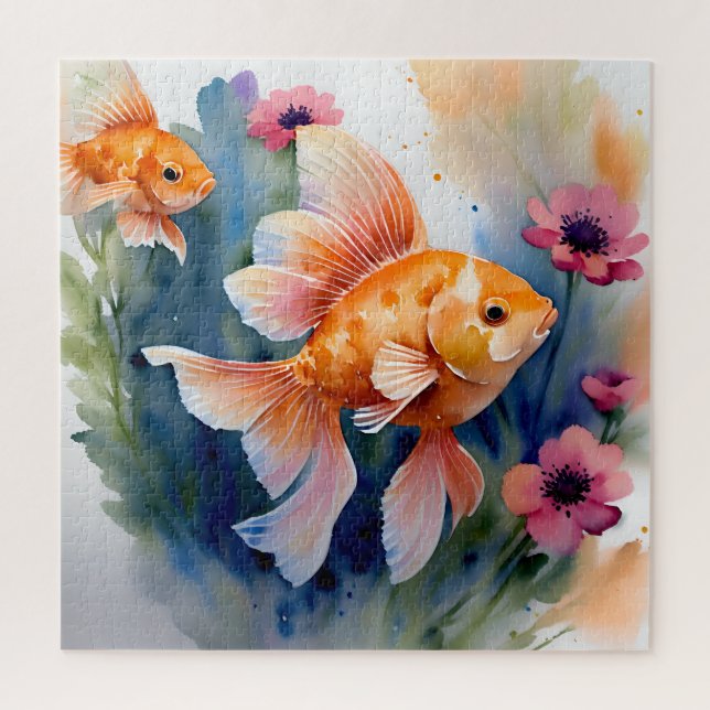 Goldfish Watercolor Floral Jigsaw Puzzle (Vertical)