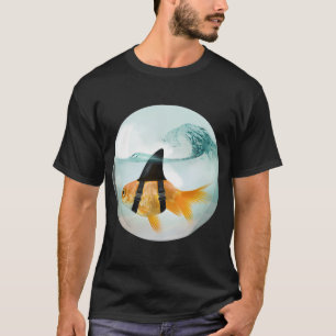 Goldfish with a Shark Fin Riding a Wave in a Fish T-Shirt