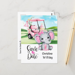 Golf 1st Birthday elephant and  Pink golf cart  Postcard