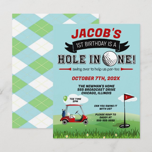 Golf 1st birthday Invitation Postcard (Front/Back)