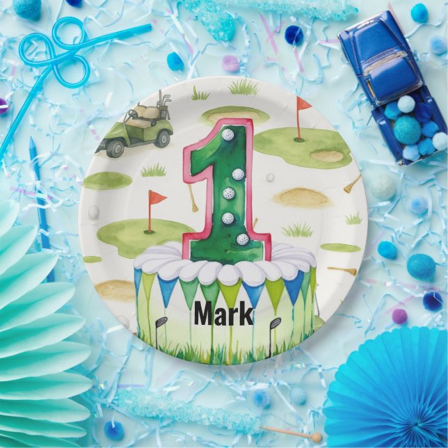 Golf 1st birthday one year old golfer number one paper plate (Party)