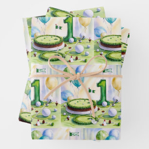 Golf 1st birthday one year old golfer with cake wrapping paper sheet