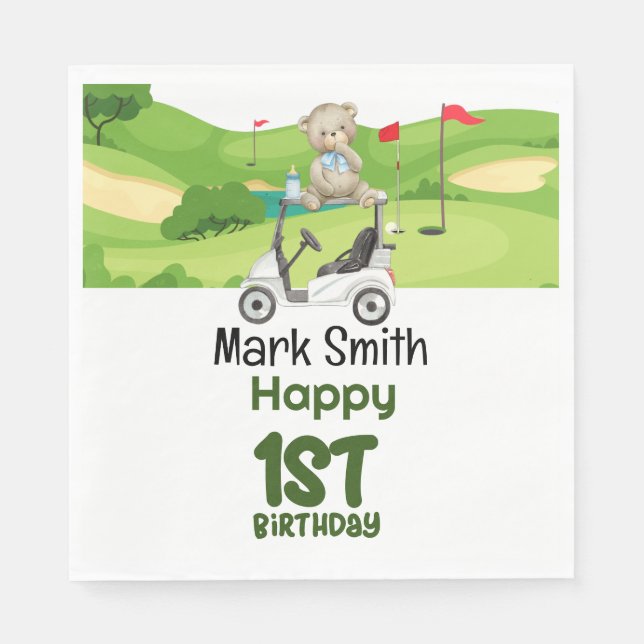 Golf 1st birthday one year old golfer with cart napkin (Front)