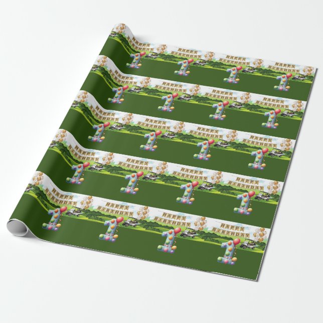 Golf 1st birthday one year old golfer with cart wrapping paper (Unrolled)