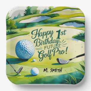 Golf 1st birthday one year old golfer with Name Paper Plate
