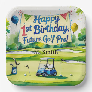 Golf 1st birthday one year old golfer with Name Paper Plate
