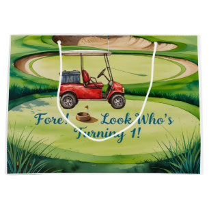 Golf 1st Birthday with golf cart on putting green Large Gift Bag