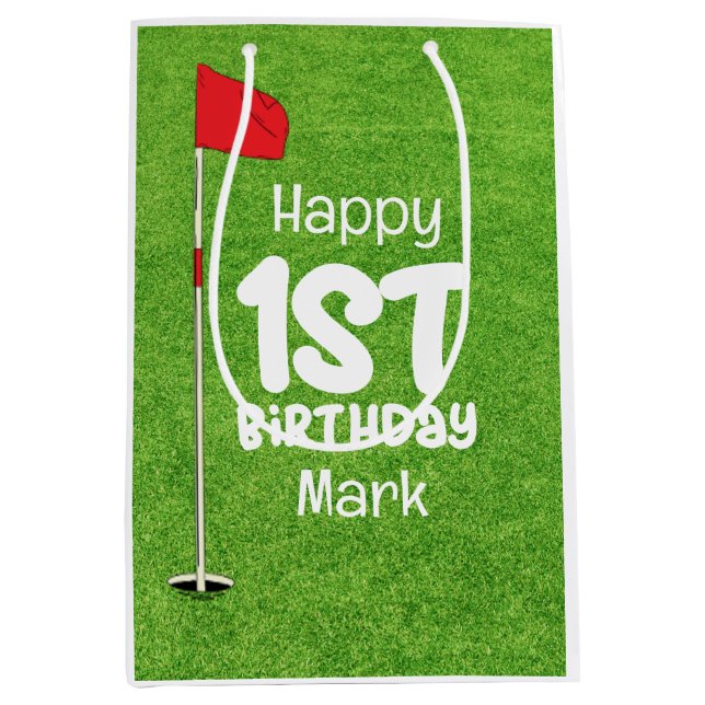 Golf 1st Birthday with golf flag on green Medium Gift Bag (Front)
