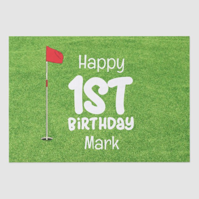Golf 1st Birthday with golf flag on green Tissue Paper (Front)