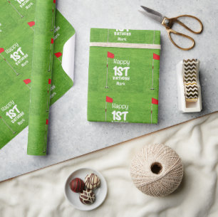 Golf 1st Birthday with golf flag on green Wrapping Paper