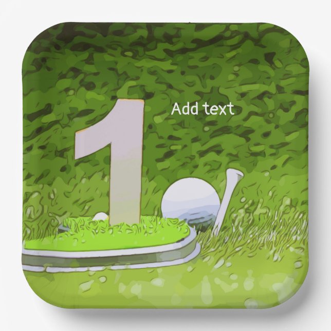 Golf 1st Birthday with number one on green grass Paper Plate (Front)