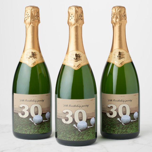 Golf 30th Birthday golf ball and tee on green Sparkling Wine Label (Bottles)
