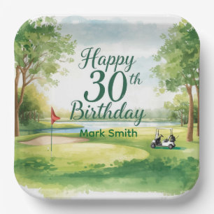 Golf 30th Birthday with golf cart on green Paper Plate