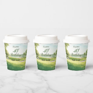 Golf 40th Birthday with golf cart on green Paper Cups