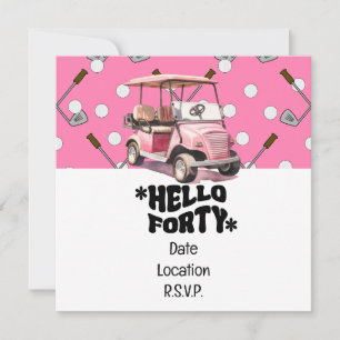 Golf 40th birthday with pink cart  woman golfer invitation