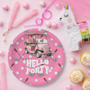 Golf 40th birthday with pink cart  woman golfer paper plate