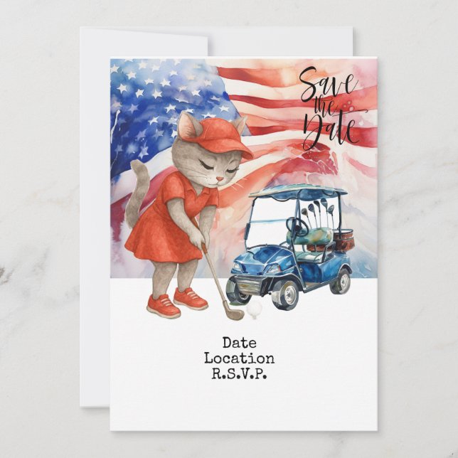  Golf 4th July Cat invitation card save the date (Front)