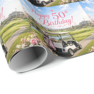 Golf 50th Birthday for woman golfer Pink themed Wrapping Paper