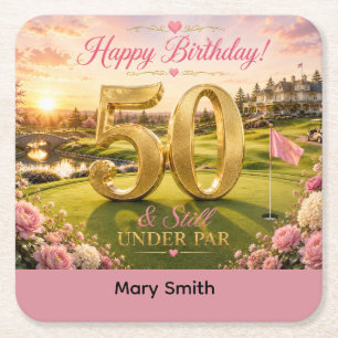 Golf 50th Birthday for Woman Golfer Square Paper Coaster