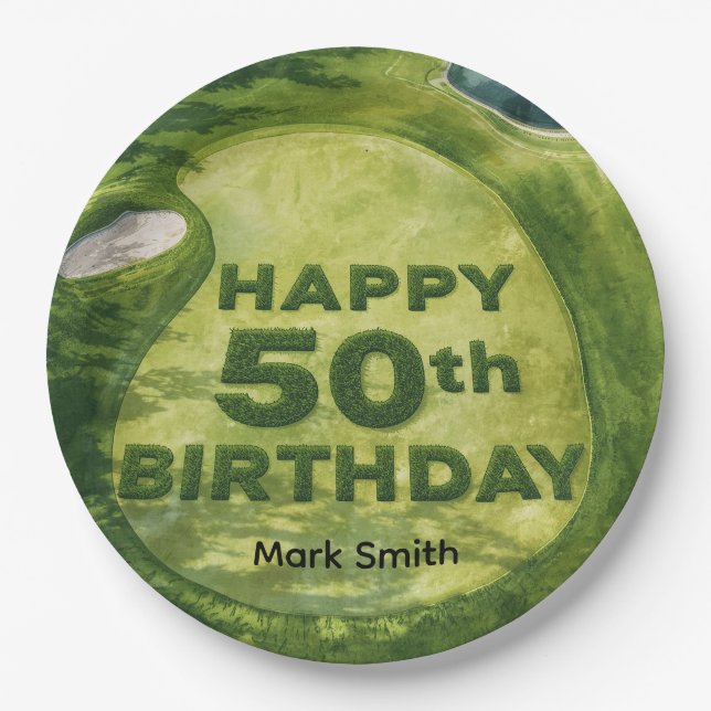 Golf  50th birthday on golf course  paper plate (Front)