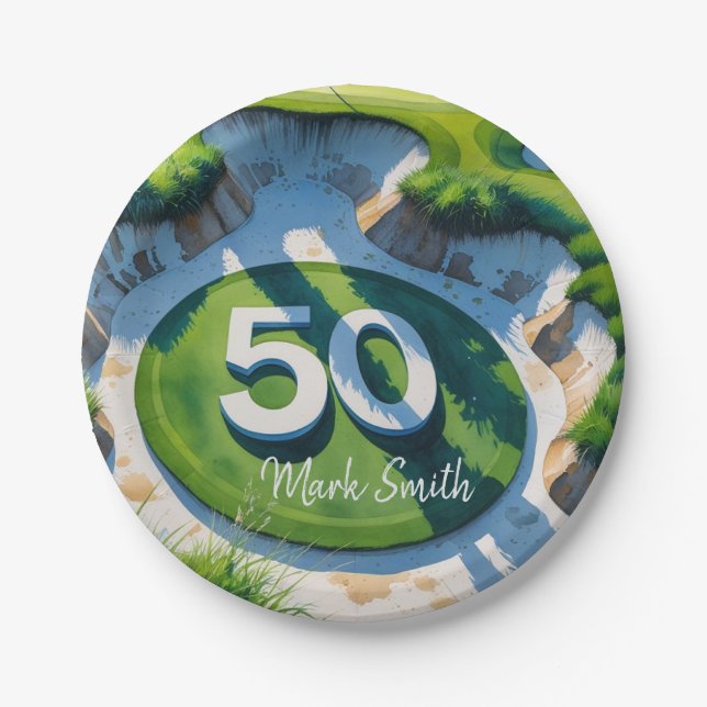 Golf 50th Birthday on Golf Course  Paper Plate (Front)