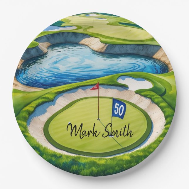 Golf 50th Birthday on Golf Course  Paper Plate (Front)