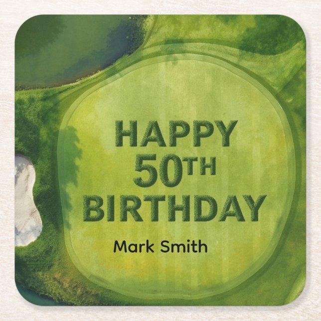 Golf  50th birthday on golf course  square paper coaster (Front)