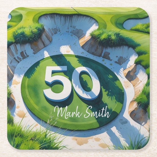Golf 50th Birthday on Golf Course  Square Paper Coaster (Front)