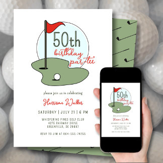 Golf 50th Birthday Party Hand Drawn Modern Green Invitation
