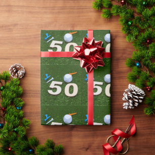 Golf 50th Birthday with golf ball and tee on green Wrapping Paper