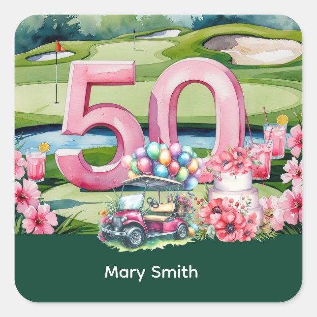 Golf 50th Birthday with Number 50 Square Sticker (Front)